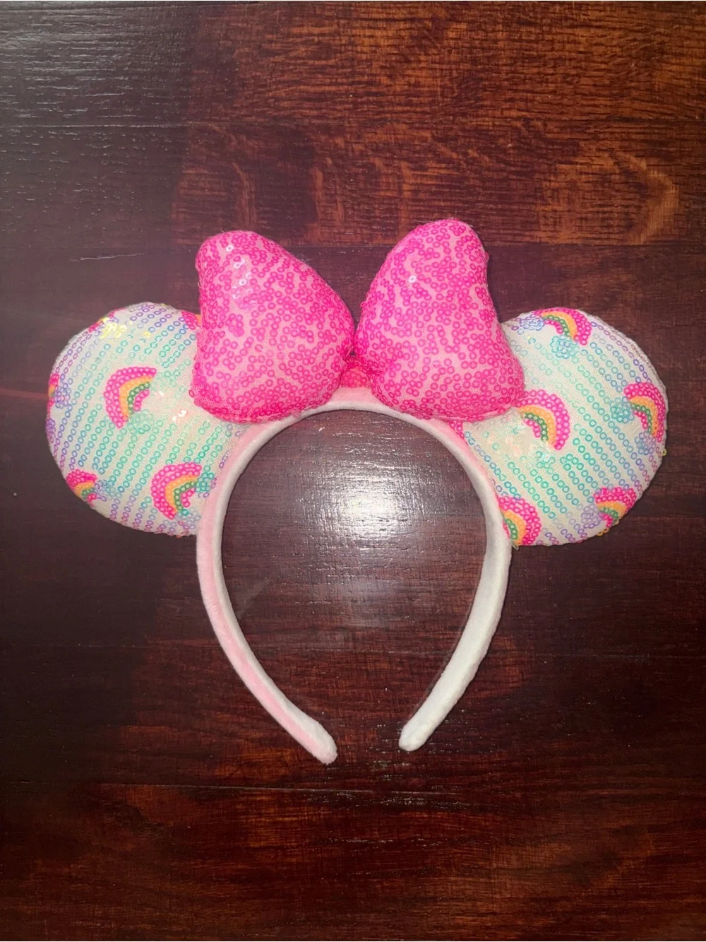 Pink Sequin Bow Rainbow Ear Headband